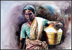 Brass Pitcher With Women (Women by the Brass Pitcher) by Srv Artist, Original Watercolor Pots/Vessels Painting on Handmade Paper, Small Horizontal Wall Art