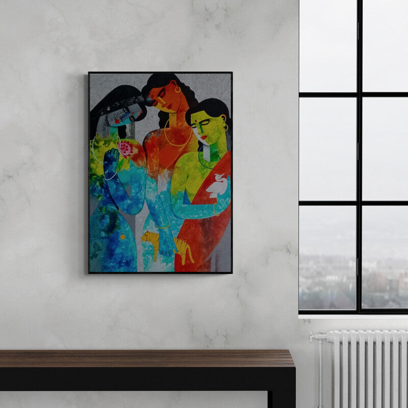In-situ view of Appam Raghavendra's 'Brave Sisters' painting in a room