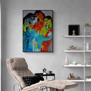 Preview of 'Brave Sisters' Painting by Appam Raghavendra shown on a wall in a furnished room.