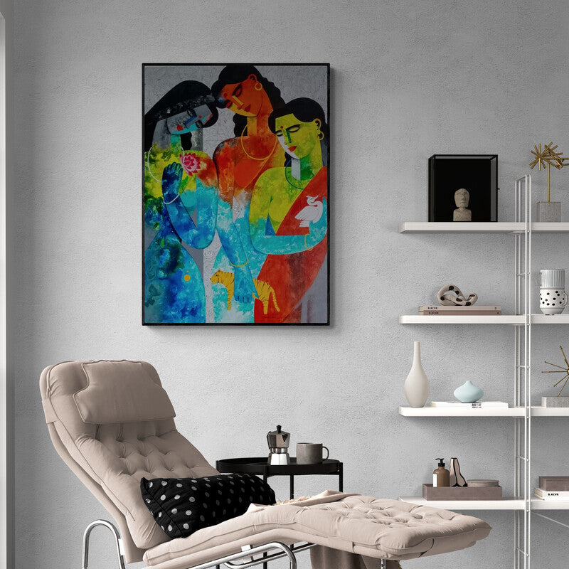 Preview of 'Brave Sisters' Painting by Appam Raghavendra shown on a wall in a furnished room.