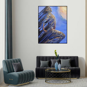 Bijay Biswaal's 'Break Free' painting visualized above a sofa in a contemporary room.