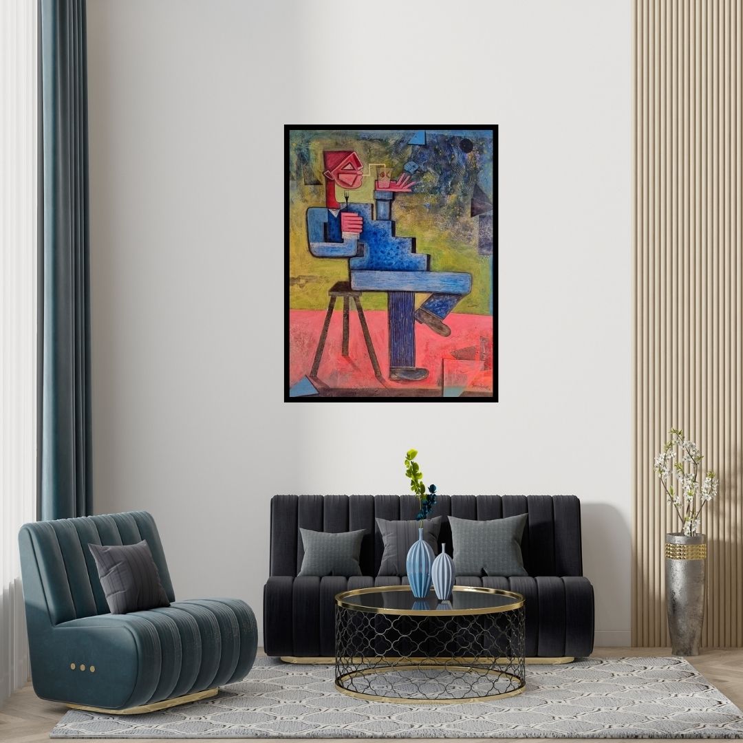 Preview of 'Breakfast (Dining in Abstraction)' Painting by Amit Rajvanshi shown on a wall in a furnished room.
