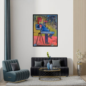 Preview of 'Breakfast (Dining in Abstraction)' Painting by Amit Rajvanshi shown on a wall in a furnished room.