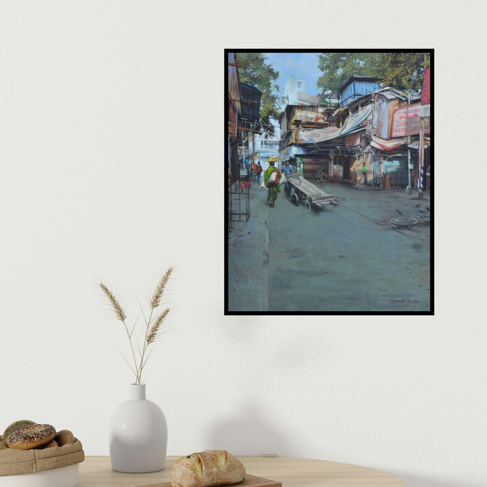 Pramod Jagtap's 'Breathing Lights 4 (Life on the Move)' painting visualized above a sofa in a contemporary room.