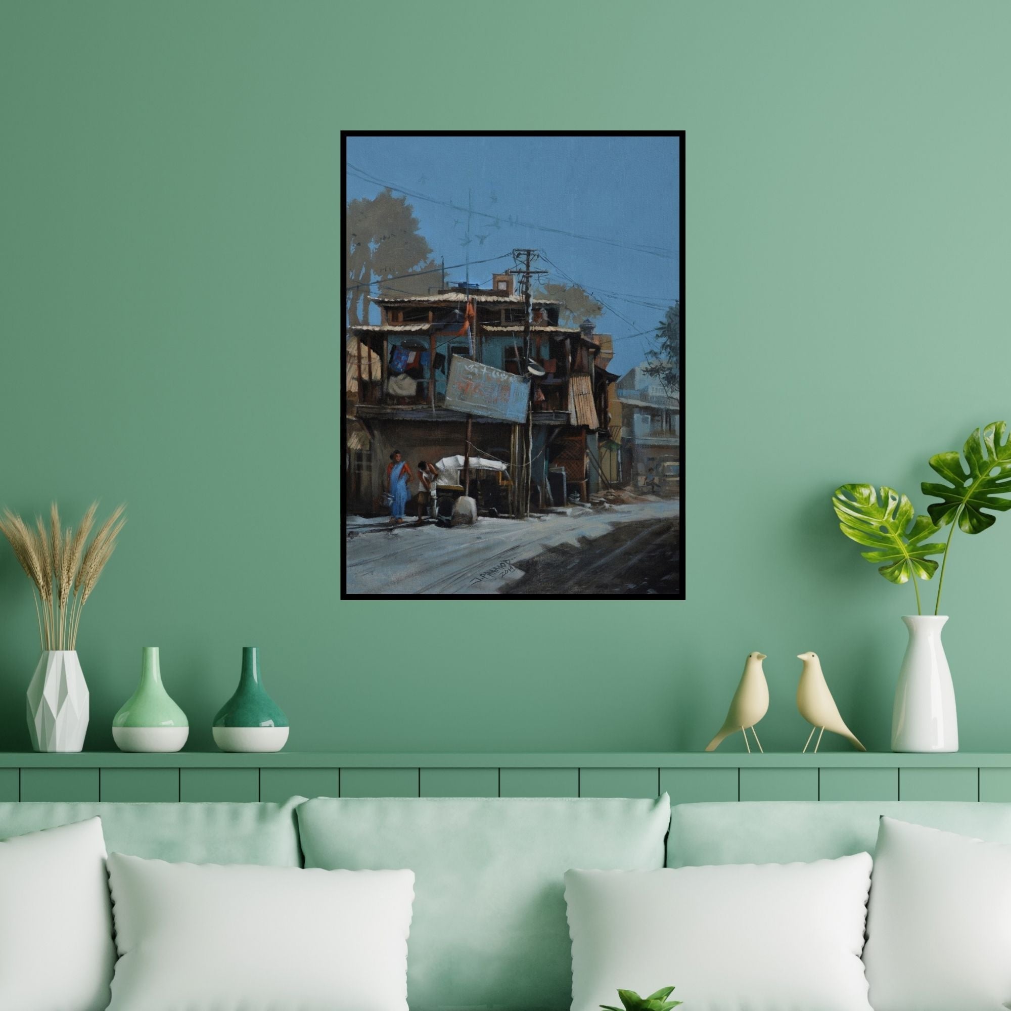 Preview of 'Breathing Lights 7' Painting by Pramod Jagtap shown on a wall in a furnished room.