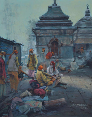Cityscape acrylic painting titled 'Breathing Lights 9', 19x15 inches, by artist Pramod Jagtap on Canvas