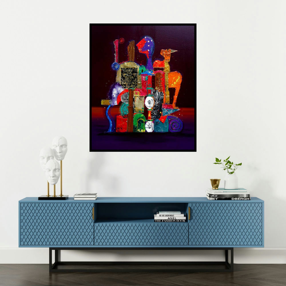 Sheetal Singh's 'Bridal Procession' painting visualized above a sofa in a contemporary room.