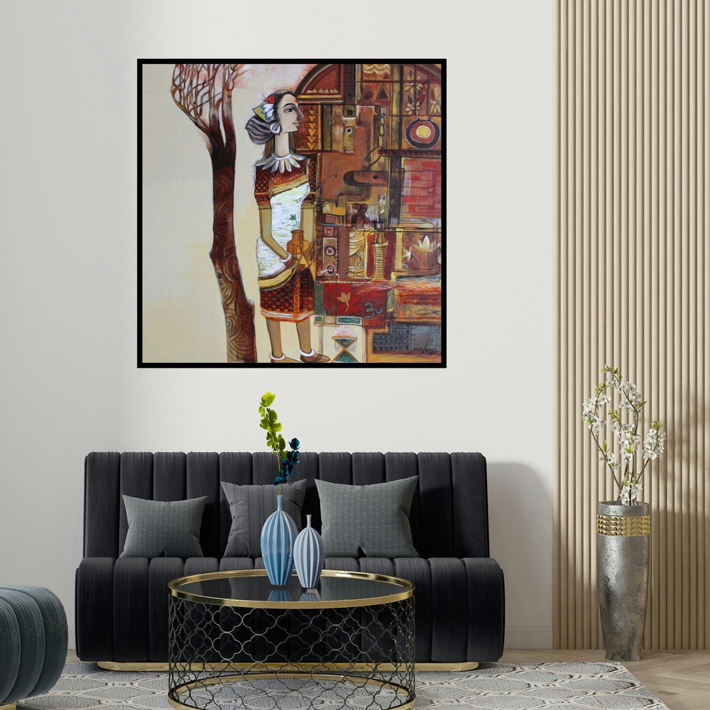 Shilpa Bansod's 'Bride (A Moment of Reflection)' painting visualized above a sofa in a contemporary room.