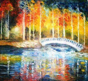 Bridge Over My River (Autumns Embrace) by Kiran Bableshwar, Original Oil Impressionist Painting on Canvas, Medium Horizontal Wall Art