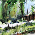 Landscape watercolor painting titled 'Bright Path', 18x28 inches, by artist Ramdas Thorat on Paper