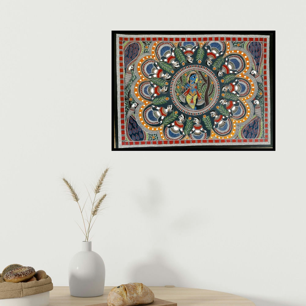 De Kulture Works's 'Brindavan Raas Of Krishna Madhubani Art' painting visualized above a sofa in a contemporary room.