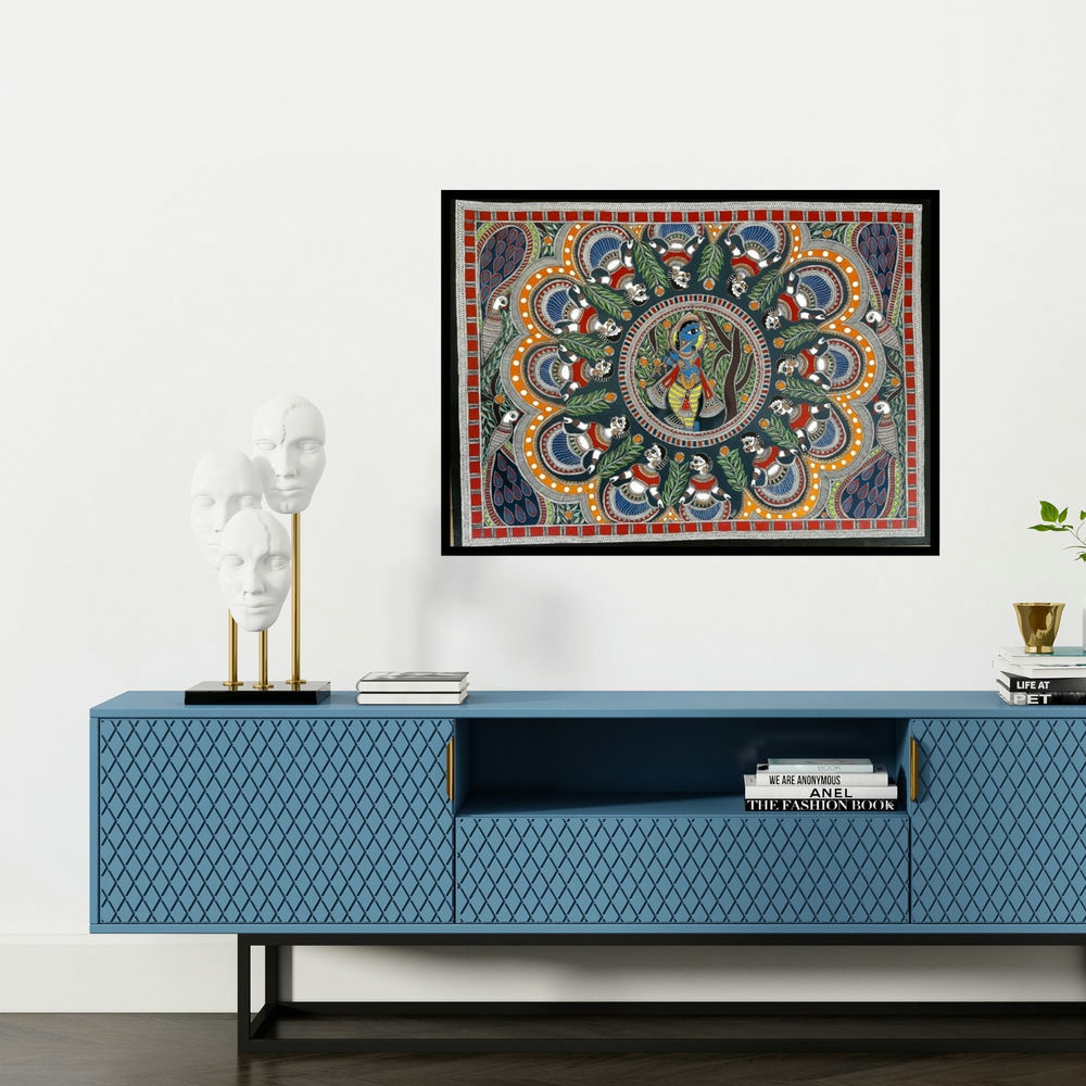 'Brindavan Raas Of Krishna Madhubani Art' painting by De Kulture Works shown on a wall in a furnished room.