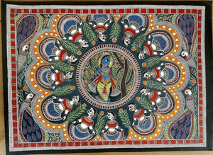 Folk Art tribal painting titled 'Brindavan Raas Of Krishna Madhubani Art', 30x22 inches, by artist De Kulture Works on Handmade Paper