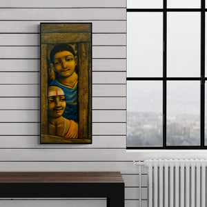 Preview of 'Broken Compound 1' Painting by Apet Pramod shown on a wall in a furnished room.