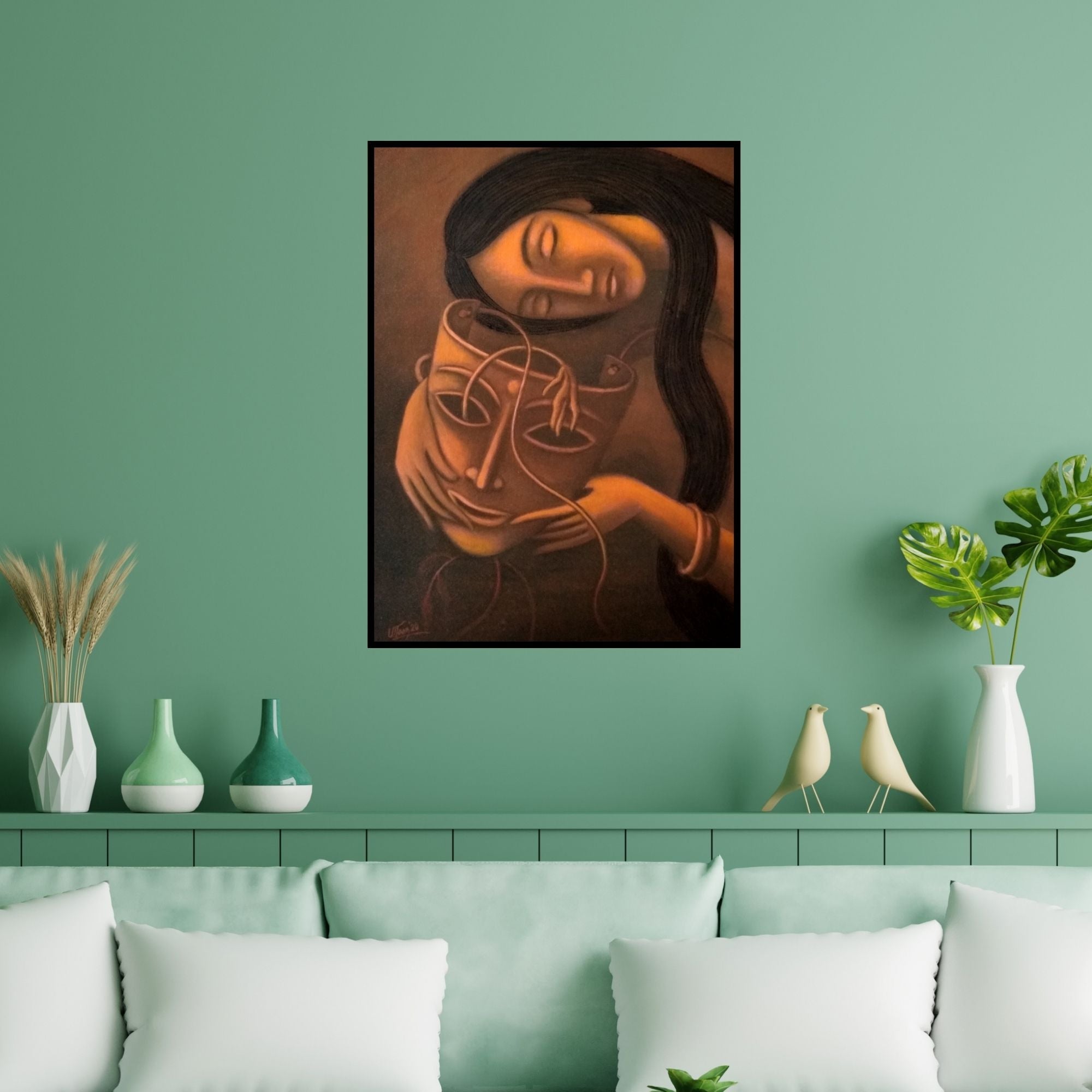 Preview of 'Broken Dream' Painting by Uttam Bhattacharya shown on a wall in a furnished room.