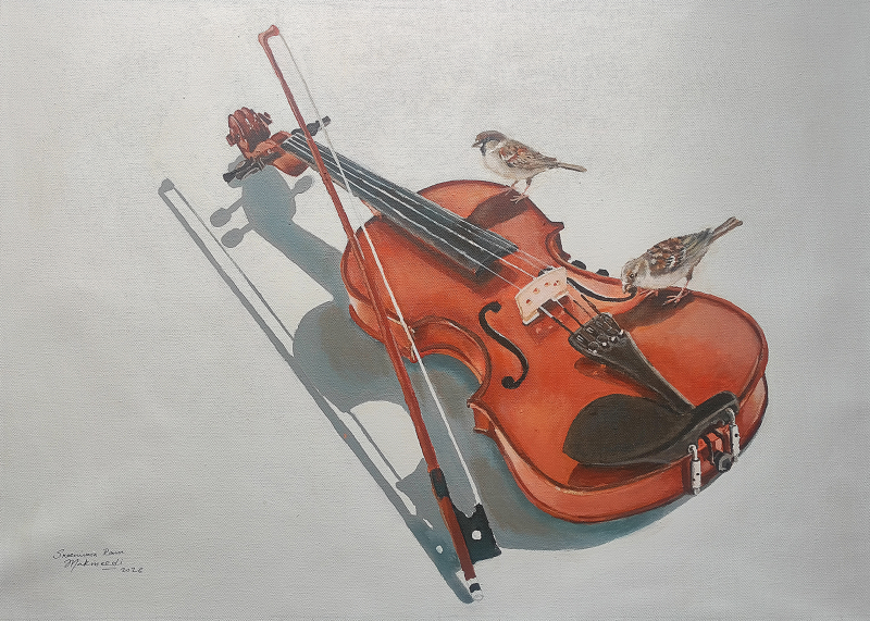 The Broken Strings' still-life acrylic painting by artist Srinivasa Ram Makineedi, 20x30 inch, on canvas