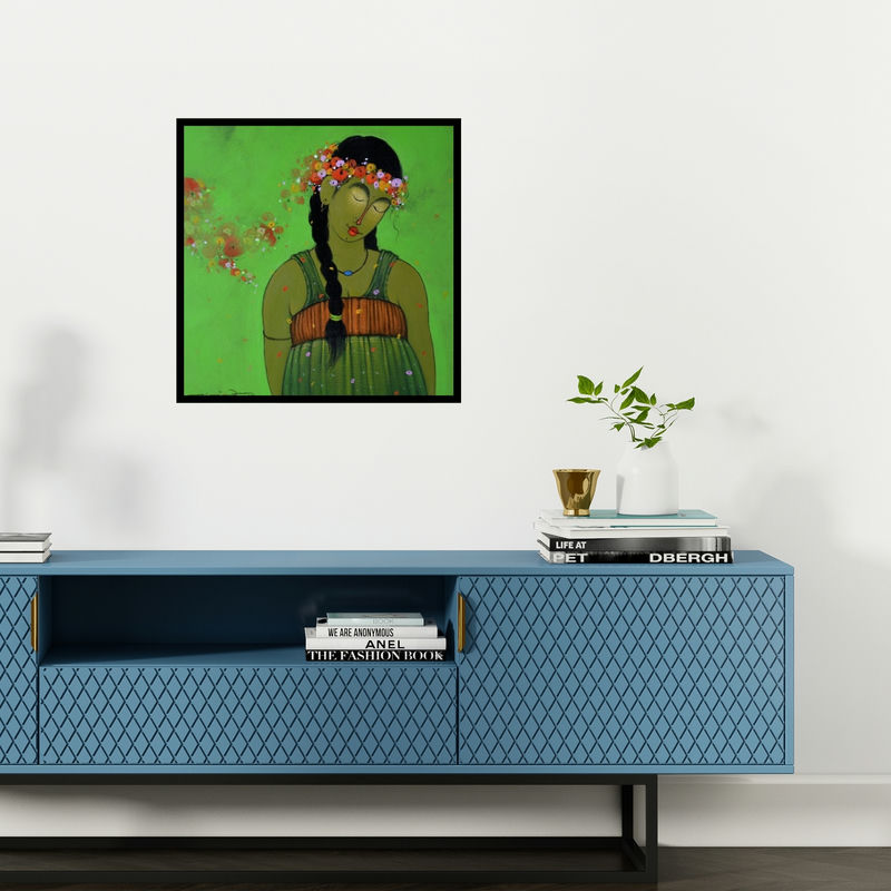 Preview of 'Brunatte 1 (Floral Reverie)' Painting by Sanjay M Khochare shown on a wall in a furnished room.