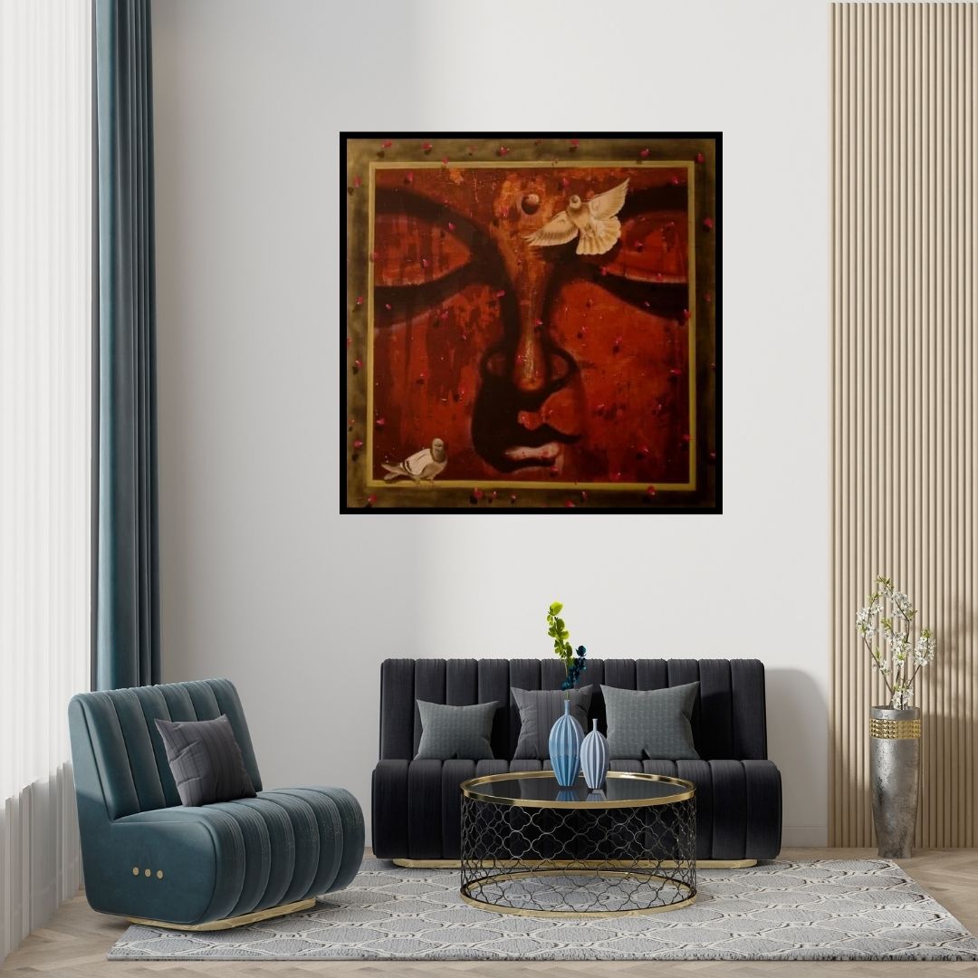 Preview of 'Buddha 06' Painting by Anurag Jadia shown on a wall in a furnished room.