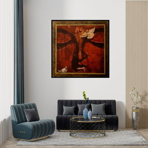 Preview of 'Buddha 06' Painting by Anurag Jadia shown on a wall in a furnished room.