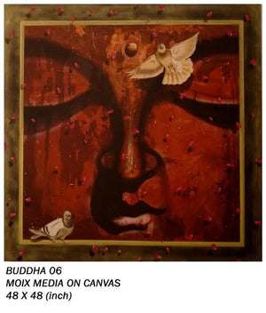 Motivational mixed media painting titled 'Buddha 06', 48x48 inches, by artist Anurag Jadia on Canvas