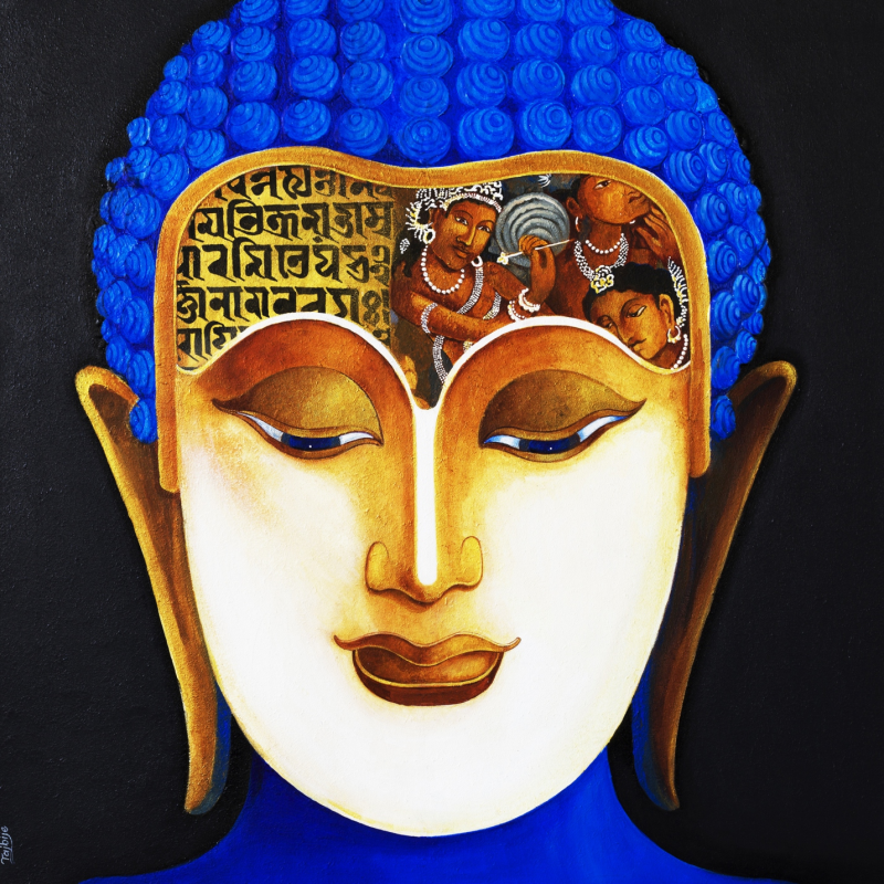 'Buddha 1' religious acrylic painting by artist Chandrakant Tajbije, 30x30 inch, on canvas