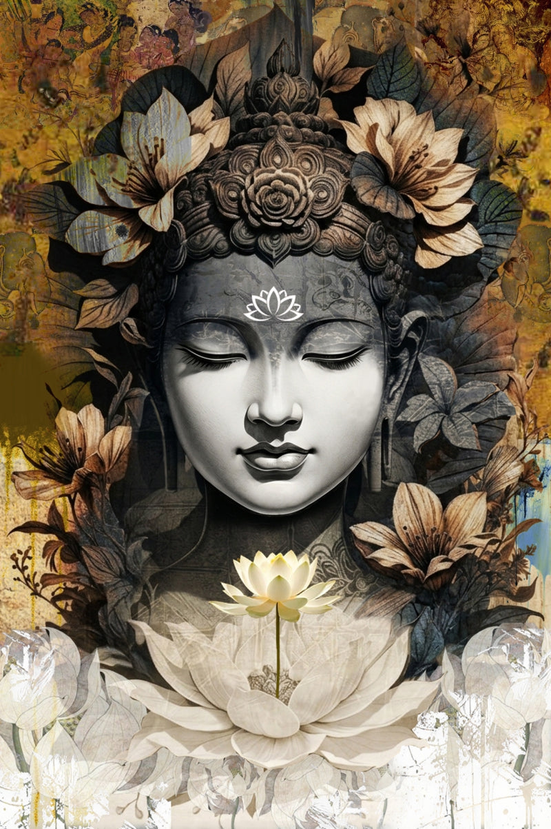 Buddha 1' religious mixed-media painting by artist Dnyaneshwar Ingle, 34x24 inch, on canvas