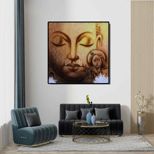 In-situ view of Prince Chand's 'Buddha 1 (Buddha and Krishna Inner Harmony)' painting in a room