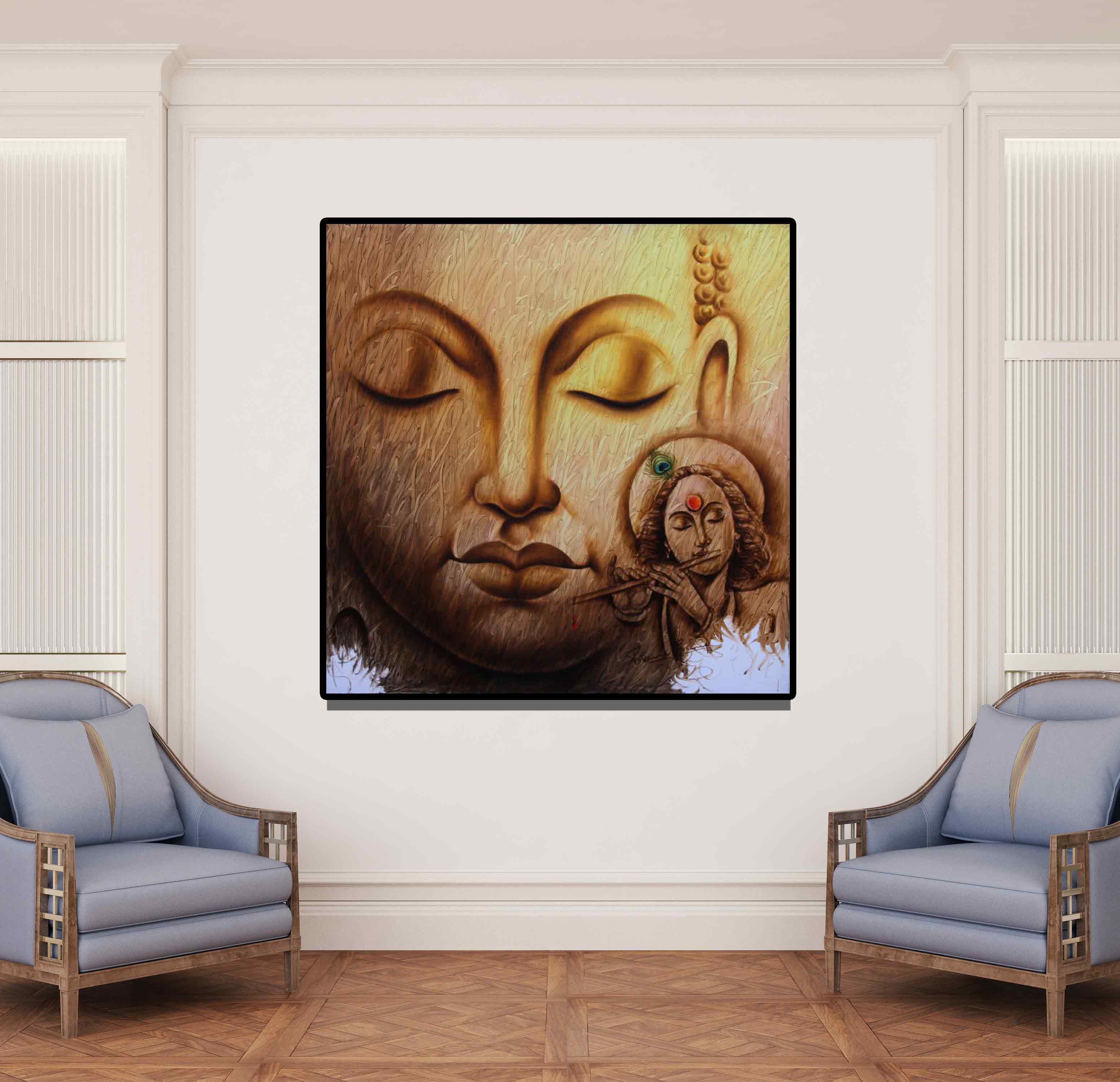 Preview of 'Buddha 1 (Buddha and Krishna Inner Harmony)' Painting by Prince Chand shown on a wall in a furnished room.