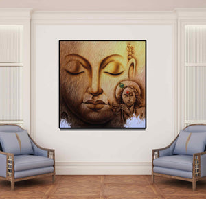 Prince Chand's 'Buddha 1 (Buddha and Krishna Inner Harmony)' Painting visualized above a sofa in a contemporary room