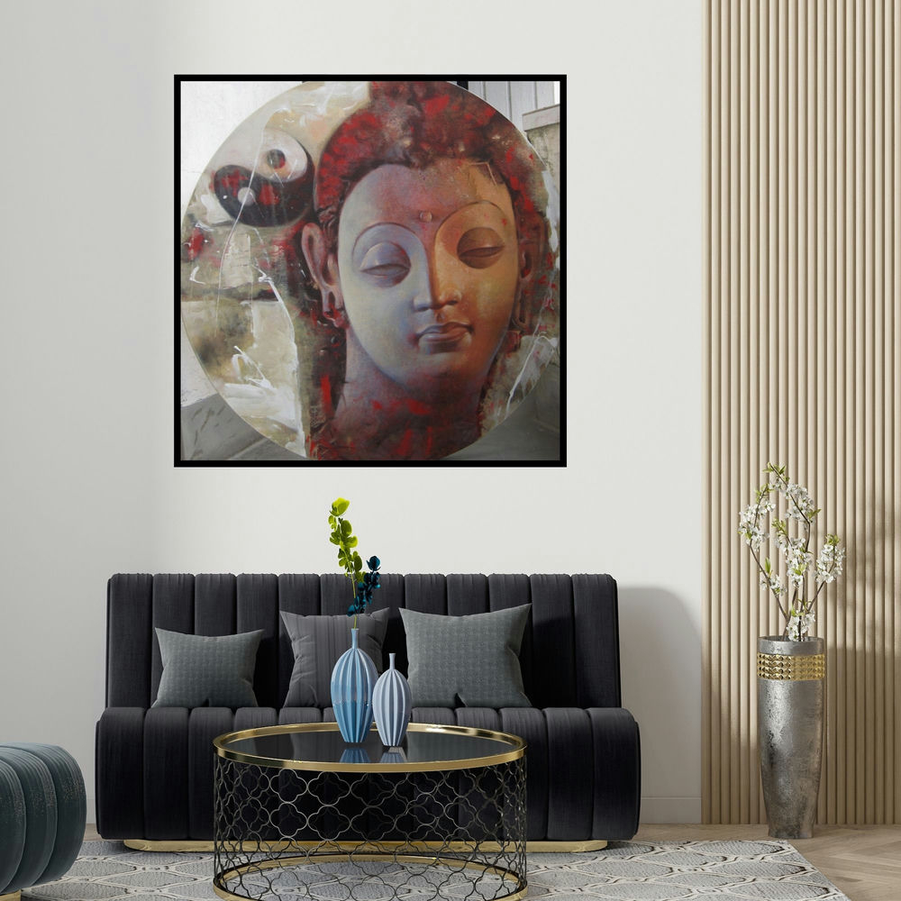 Ashis Mondal's 'Buddha 14 (Harmony and Enlightenment Buddha and the Yin-Yang)' painting visualized above a sofa in a contemporary room.