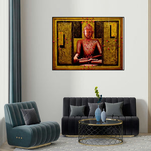 Anurag Jadia's 'Buddha 15' painting visualized above a sofa in a contemporary room.