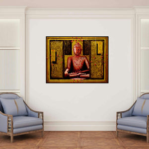 'Buddha 15' painting by Anurag Jadia shown on a wall in a furnished room.