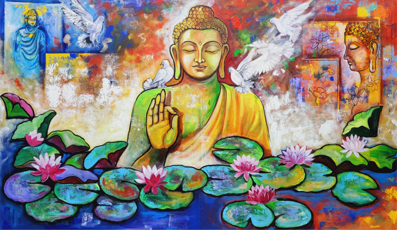 'Buddha 2' religious acrylic painting by artist Arjun Das, 36x60 inch, on canvas
