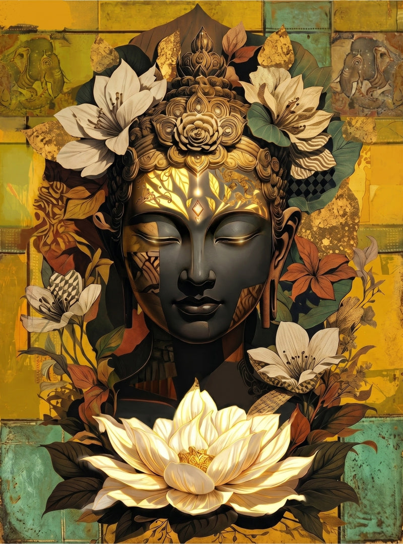 Buddha 2' religious mixed-media painting by artist Dnyaneshwar Ingle, 34x24 inch, on canvas