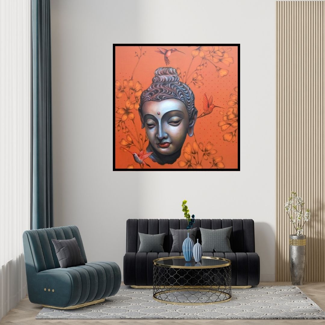 Preview of 'Buddha (Buddha with Hummingbirds)' Painting by Sujit Karmakar shown on a wall in a furnished room.