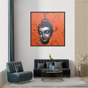 Sujit Karmakar's 'Buddha (Buddha with Hummingbirds)' Painting visualized above a sofa in a contemporary room