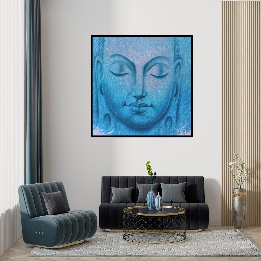 Preview of 'Buddha 3 (Buddha Blue Serenity)' Painting by Prince Chand shown on a wall in a furnished room.