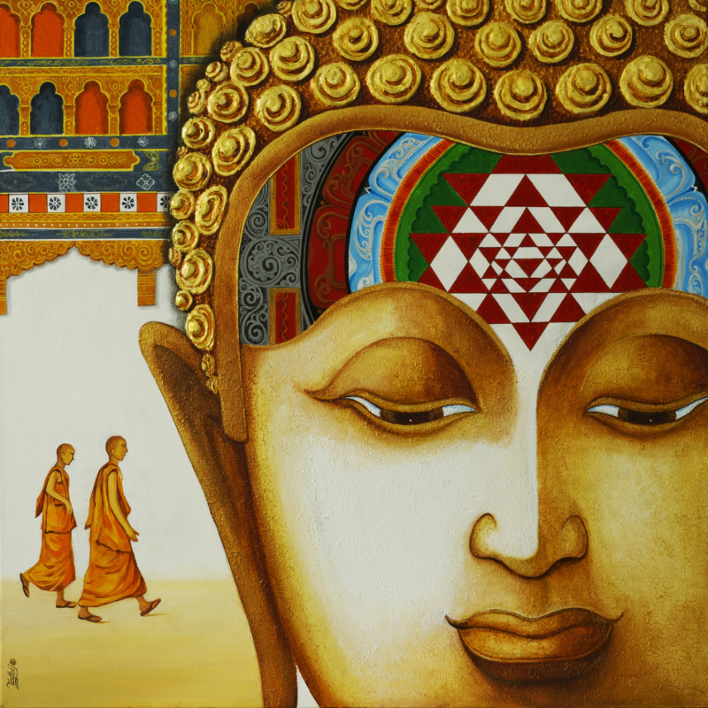 'Buddha 3' religious acrylic painting by artist Chandrakant Tajbije, 30x30 inch, on canvas