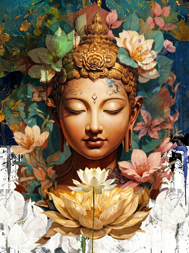 Buddha 3' religious mixed-media painting by artist Dnyaneshwar Ingle, 34x24 inch, on canvas