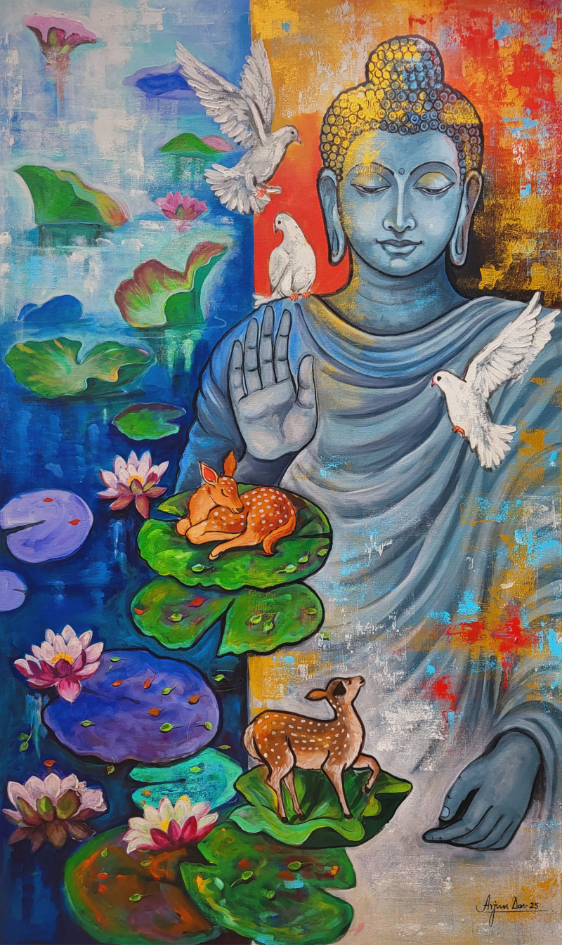 Buddha 4' religious acrylic painting by artist Arjun Das, 60x36 inch, on canvas