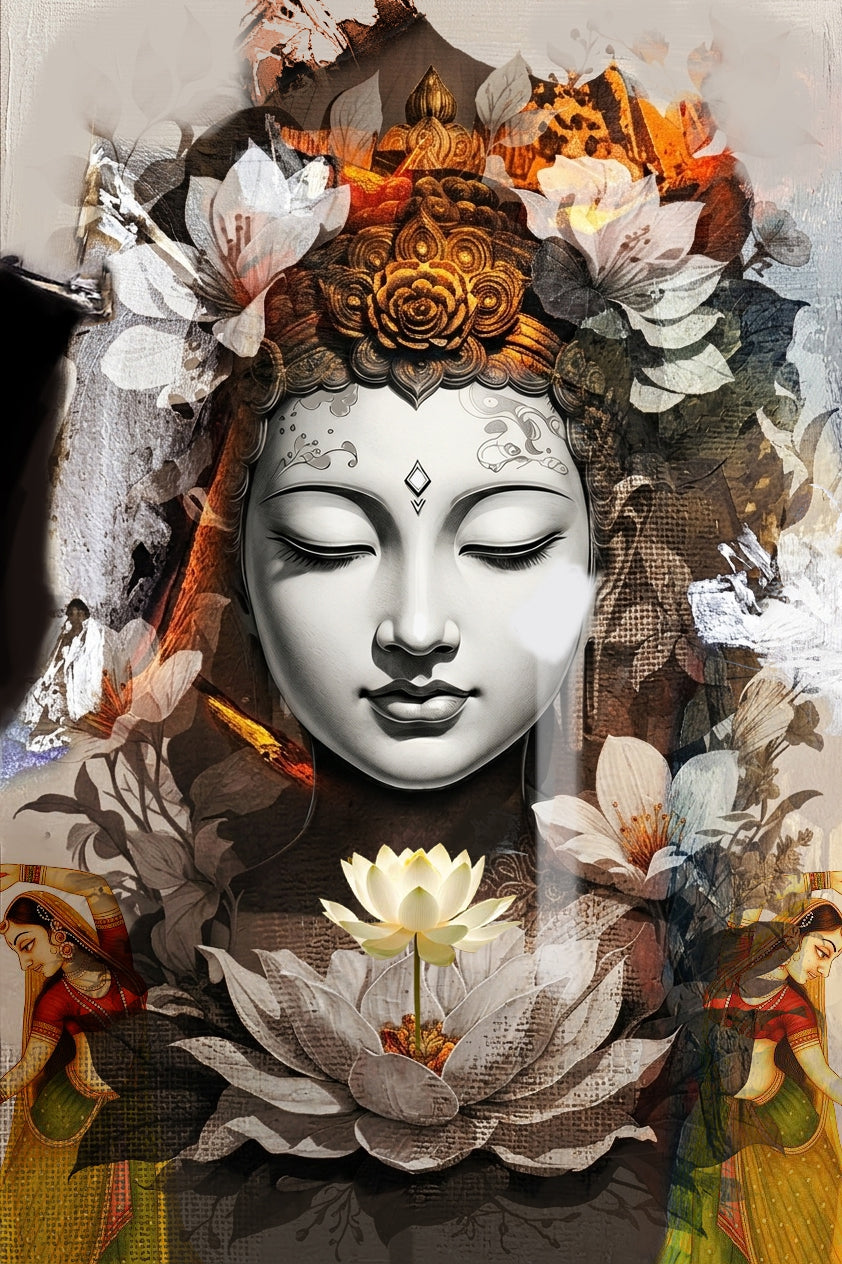 Buddha 4' religious mixed-media painting by artist Dnyaneshwar Ingle, 34x24 inch, on canvas