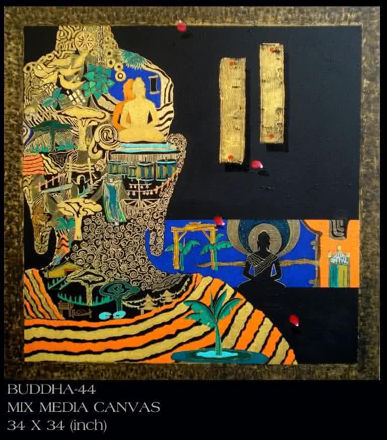 Motivational mixed media painting titled 'Buddha 44', 34x34 inches, by artist Anurag Jadia on Canvas
