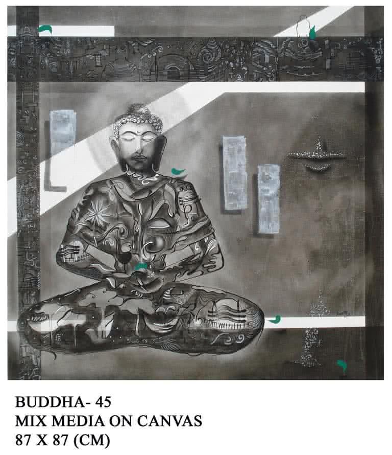 Motivational mixed media painting titled 'Buddha 45', 34x34 inches, by artist Anurag Jadia on Canvas