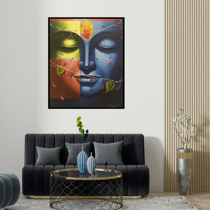 'Buddha (Inner Peace, Divided Self)' painting by Pradeep Kumar shown on a wall in a furnished room.