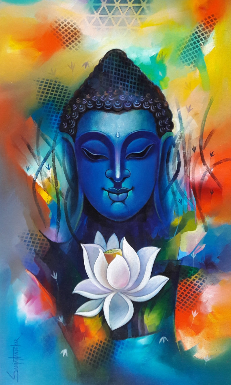 Buddha 7' religious acrylic painting by artist Sanjay Tandekar, 40x24 inch, on canvas