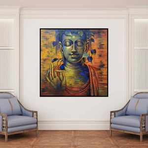In-situ view of Sanjay Lokhande's 'Buddha 9 (Buddha in Golden Light)' painting in a room