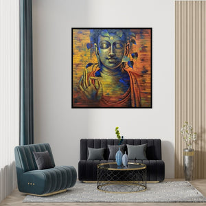 Preview of 'Buddha 9 (Buddha in Golden Light)' Painting by Sanjay Lokhande shown on a wall in a furnished room.