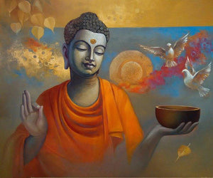 Figurative oil painting titled 'Buddha Ananda', 30x24 inches, by artist Sanjay Lokhande on Canvas