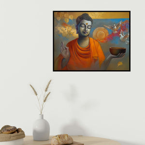 Sanjay Lokhande's 'Buddha Ananda' painting visualized above a sofa in a contemporary room.