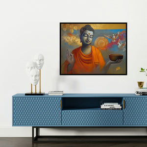 'Buddha Ananda' painting by Sanjay Lokhande shown on a wall in a furnished room.